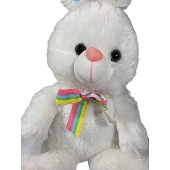 Megatoys‎ White Plush Rabbit Polka dots Rainbow Ribbon 14" Clean Soft￼ - Picture 4 of 8